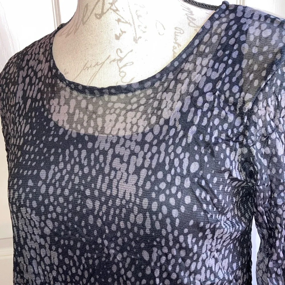 Designer Lisa Bayne Crinkle Asymmetric Sheer Overlay Midi Dress Black Grey XS - Picture 5 of 8